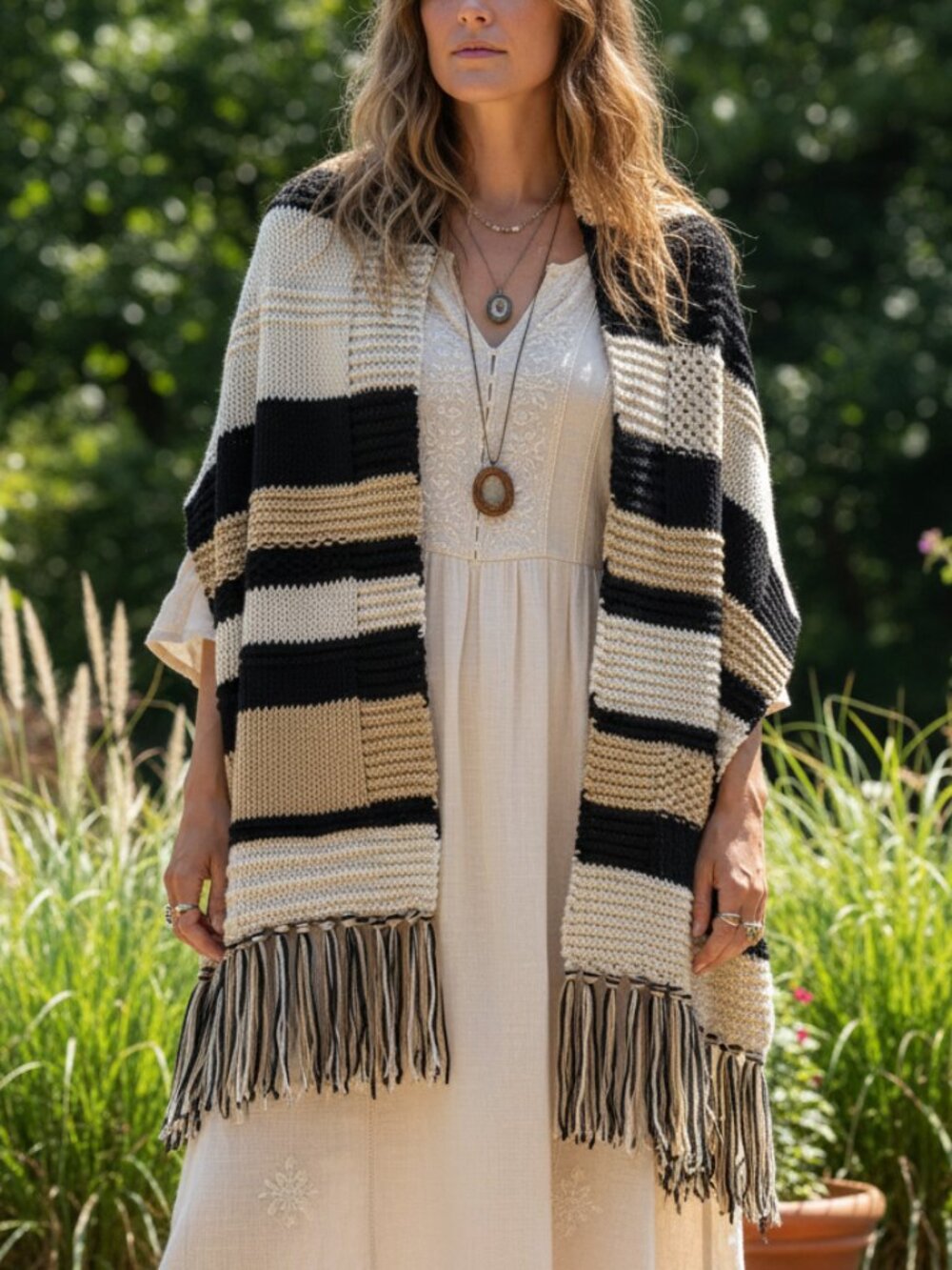 NEW Black Beige Cream Shawl Scarf Wrap Boho Fringed Hand Knit‎ Hippie Cottage